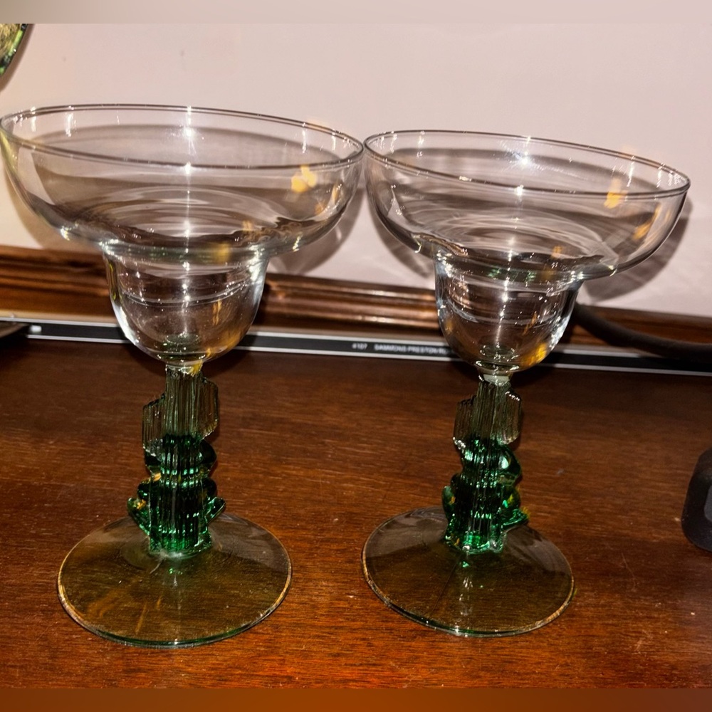 4 Vintage Mexican Margarita Glasses - Green Sombrero Stem - Artisan Glassware - Picture 5 of 8